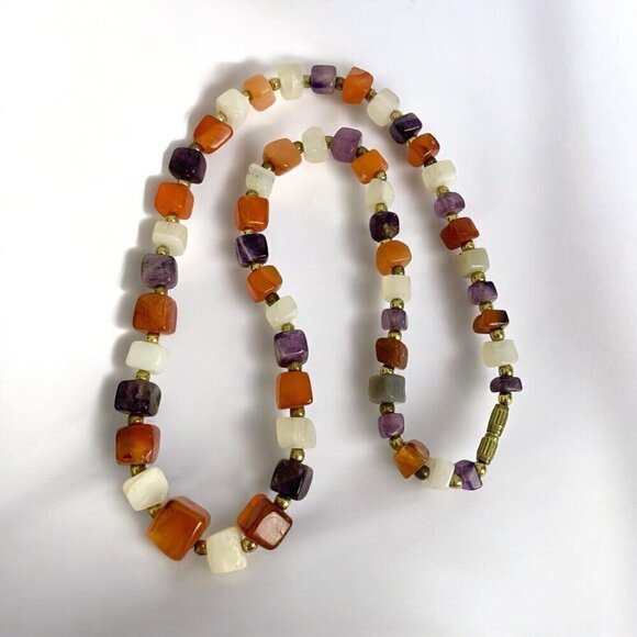 Vintage Carnelian Amethyst Milky Quartz Natural Stone 20" Necklace - Picture 3 of 7